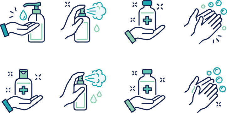 Hand sanitizer and handwashing hygiene icons collection featuring disinfectant spray, antibacterial gel, clean hands, healthcare protection, and sanitation vector set