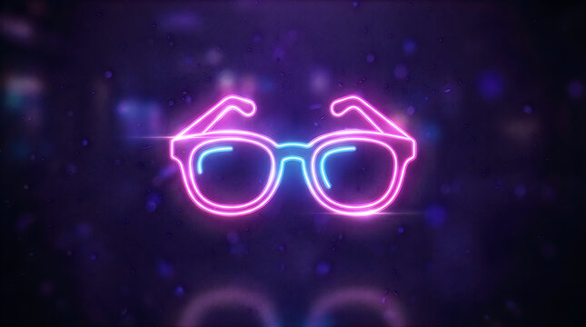 Glowing pink neon glasses icon on dark background with bokeh lights
