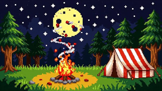 Pixel art camping scene with campfire, tent, forest trees, full moon and starry night sky