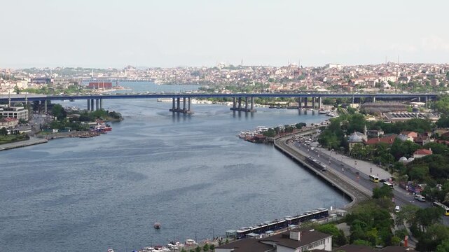 Panoramic view of Golden Horn (Hali&ccedil;) from observation deck at Pierre Loti Hill (Piyer Loti Tepesi) in Ey&uuml;psultan, Istanbul, Turkey