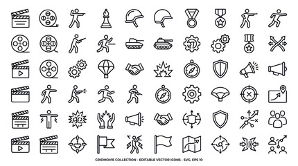 Fototapeta premium Black linear movie production and military award icons.