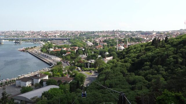 Panoramic view of Golden Horn (Hali&ccedil;) with Halic Bridge and coastline from Pierre Loti Hill (Piyer Loti Tepesi) in Ey&uuml;psultan