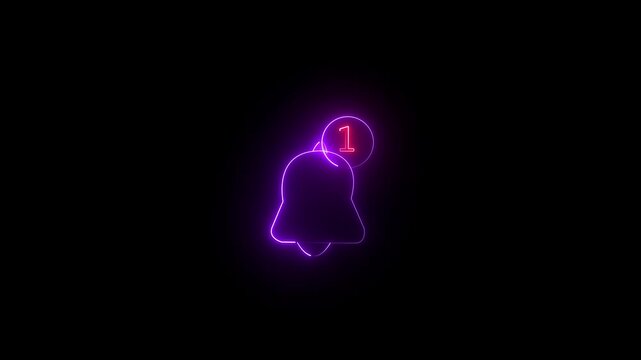 Glowing neon notification bell icon with red number 1 badge loop on dark background, social media alert, warning, reminder, announcement, message, app interface, UI symbol, communication concept.