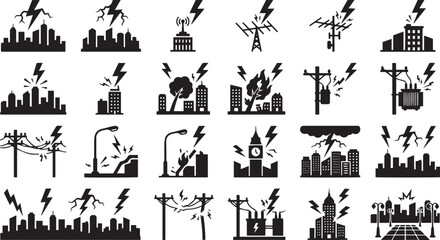 Fototapeta premium Set of black and white depicting lightning strikes, power outages, electrical damage, and storm damage to urban infrastructure