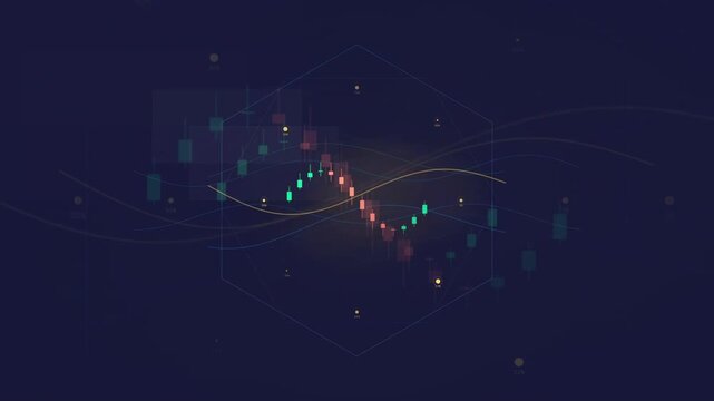 Abstract Financial Stock Market Chart with Candlestick Patterns and Glowing Data Lines on Dark Background