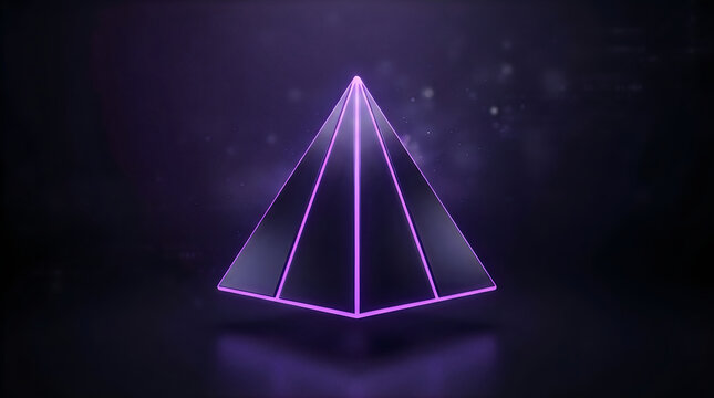 Glowing purple geometric pyramid shape with light beams on dark background