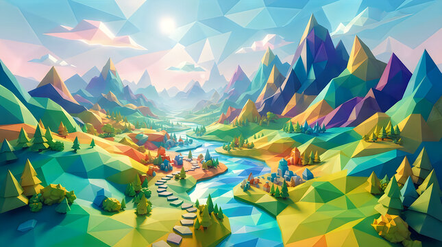 Colorful pixel art landscape with mountains, trees, and river at sunrise