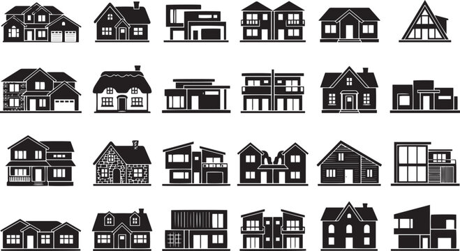 Set of black and white house featuring various architectural styles including suburban homes, modern villas, and duplex buildings