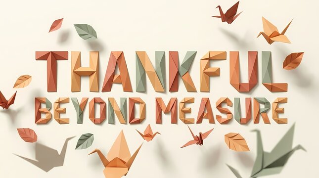 Origami paper cranes fly around the text thankful beyond measure on a simple neutral background.