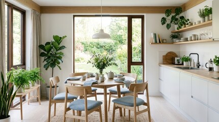 Fototapeta premium Bright Scandinavian dining area with a round table and view of a lush garden