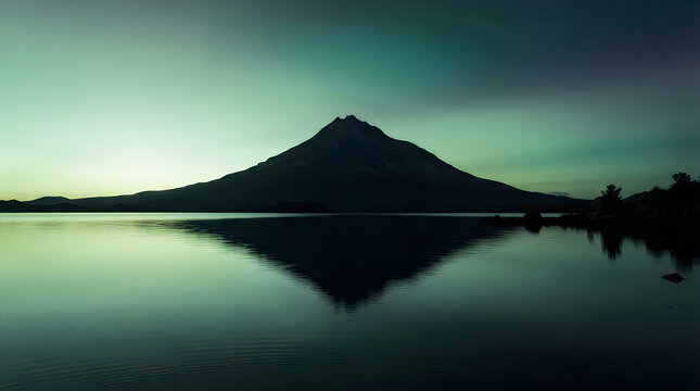 Volcanic mountain reflecting in calm lake at sunrise with green sky and misty hills