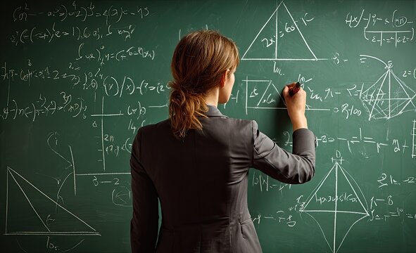 Woman Solving Complex Math Equations on Chalkboard