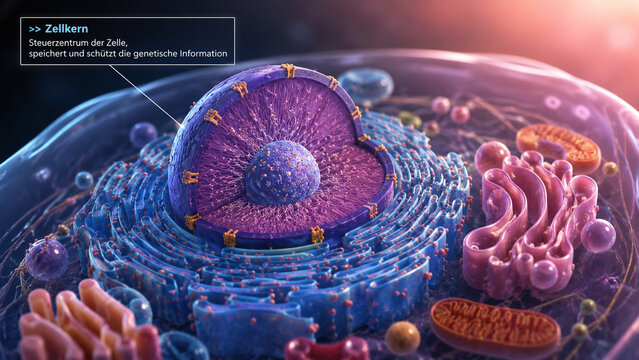 AI generated cell nucleus cross section detailed organelles for biology education medical research cellular science advanced academic learning