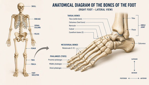 AI generated detailed human foot skeleton anatomy poster labeled bones for medical education orthopedic learning anatomy reference classroom teaching scientific research