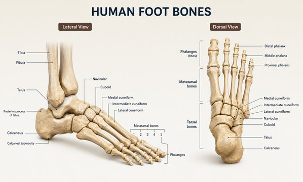AI generated detailed human foot bone anatomy diagram labeled skeletal structures for medical education anatomy learning orthopedic reference classroom teaching research