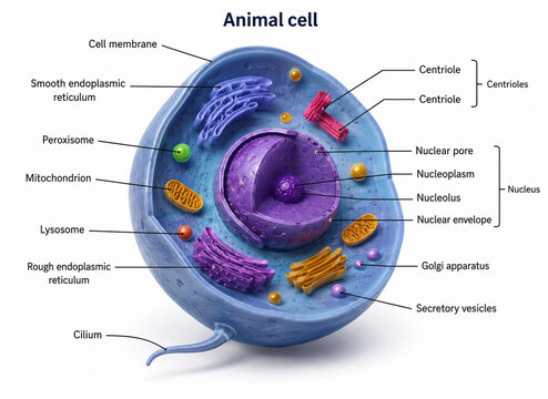 AI generated detailed animal cell biology diagram labeled organelles for biology education scientific learning medical reference classroom teaching academic research