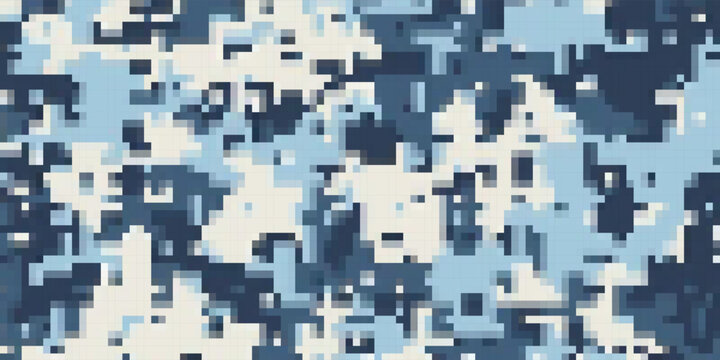 Abstract digital camouflage pattern in shades of blue.  Perfect for backgrounds, textiles, or web design, evoking themes of concealment, mystery, and technology.