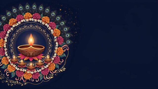 Beautiful glowing diya lamp with floral mandala pattern for a festive diwali background celebration design