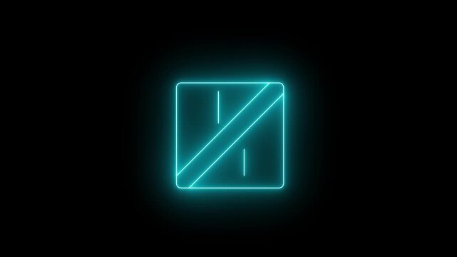 Glowing neon cyan icon of a rounded square button or sign featuring a diagonal slash ribbon across the center and vertical accent lines against a black background. Animated access restricted toggle.
