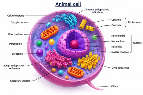 AI generated detailed animal cell biology diagram labeled organelles for biology education scientific learning medical reference classroom teaching academic research