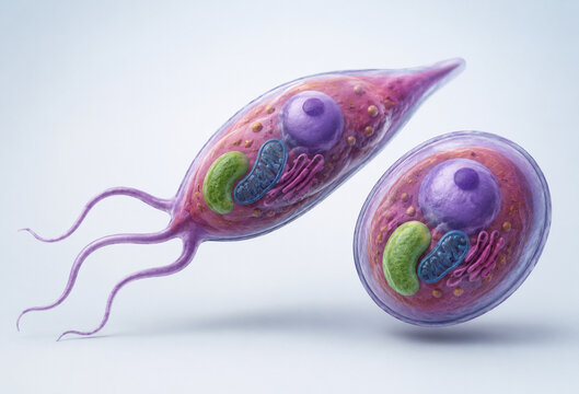 AI generated detailed comparison of flagellated rounded protozoan cells visible internal organelles for microbiology education medical research biology reference