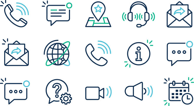 Communication and customer support line icons collection featuring phone calls, messaging, email, headset, calendar, information, chat, and digital service vector set