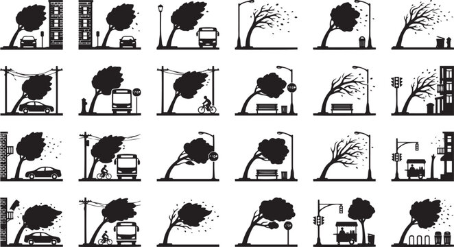 Set of black silhouette depicting trees bending in strong wind, urban street scenes with cars, buses, cyclists, and buildings