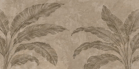 hand drawn illustration of a flower with sepia botanical mural banana leaves jungle plant background.