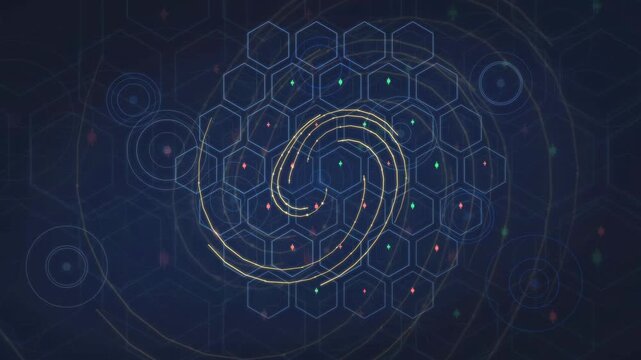 Abstract digital technology background with glowing golden spiral lines and blue hexagonal grid network