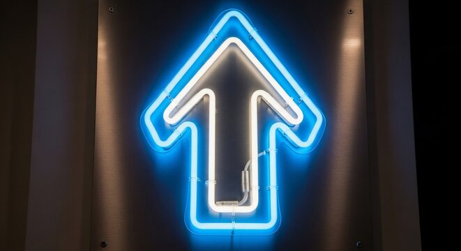 Glowing Upward Arrow: Neon Blue Promise, Radiant Ascent, Hopeful Future