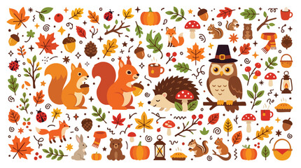 Naklejka premium Cute Autumn Woodland Animals and Fall Leaves Vector Element Collection
