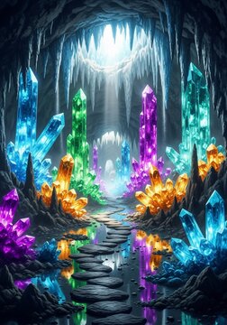 Enchanted Grotto: Jewel-Toned Crystals Glow in Mystical Cave Light. Digital Art.