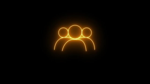Glowing neon orgen icon featuring three user avatars representing a group, team, community, or audience against a black background. 