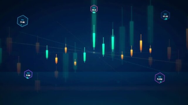 Abstract digital financial candlestick chart with glowing data points on a dark blue background