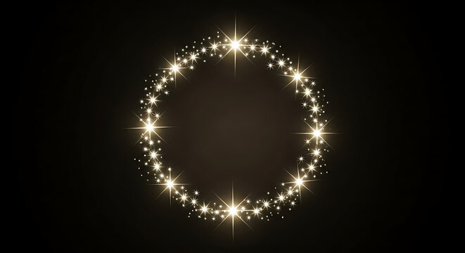 Golden star circle with sparkling lights forms a decorative frame on a dark background glow