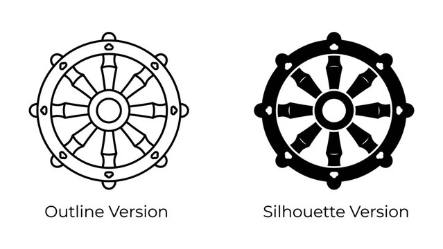 Dharma Wheel Icons: A set of two Dharma Wheel icons, one as an outline and the other as a solid silhouette, representing Buddhist philosophy and spiritual path.
