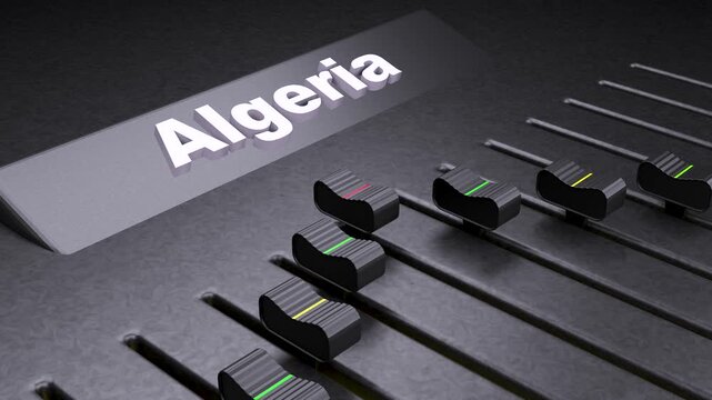 Algeria text on professional audio mixer, sound board faders moving for music production, conceptual mixing console for national media