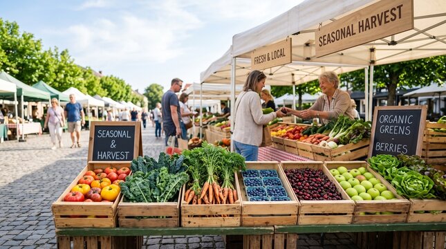 Farmers market with fresh organic produce and people shopping for local vegetables and fruits for healthy lifestyle