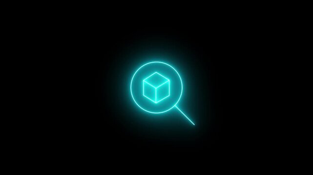 Glowing neon cyan icon of a magnifying glass inspecting a 3D isometric cube/package. Animated product search, order tracking, package inspection, inventory search, on a black background.