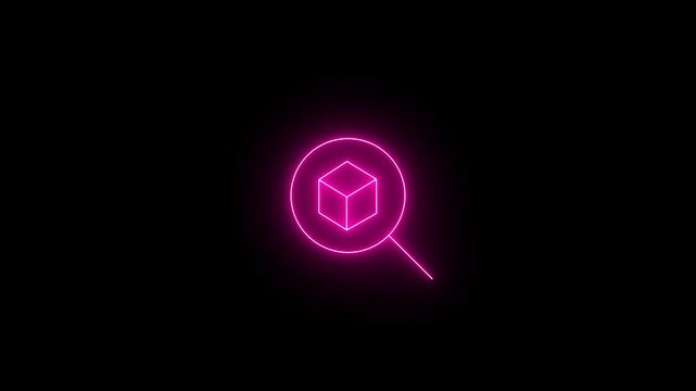 Glowing neon magenta icon of a magnifying glass inspecting a 3D isometric cube/package. Animated product search, order tracking, package inspection, inventory search, on a black background.