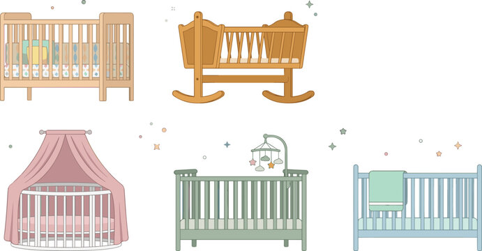 Baby Crib and Nursery Bed Collection Vector Set Featuring Wooden Cradles, Bassinets, Canopy Cribs, and Infant Furniture for Childcare Designs