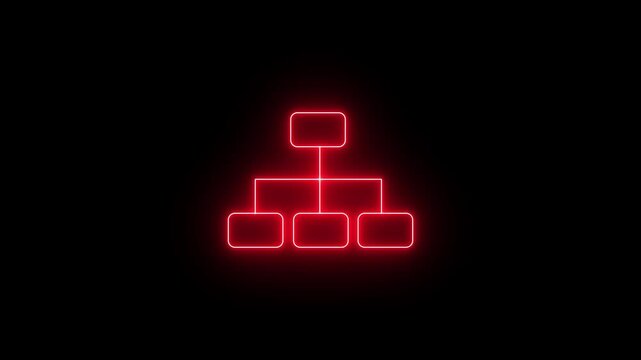 A hierarchical organizational chart is a bright neon red icon with a rectangle on top and three connected rectangles below. Animated corporate structure, workflow diagram on a black background.