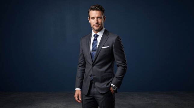 Confident man in tailored suit posing as successful business executive or financial advisor for corporate marketing