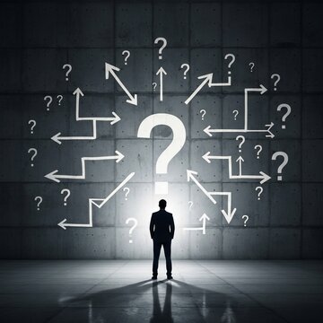 Man faces maze of choices, digital art, dramatic lighting, deep shadows, question marks, arrows, decision-making.