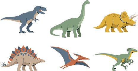 Cartoon Dinosaur Collection Vector Set Featuring Tyrannosaurus, Brachiosaurus, Triceratops, Stegosaurus, Pteranodon, and Velociraptor for Kids Educational Designs © MDFiroj
