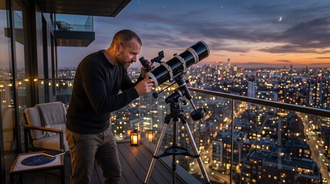 Man looking through telescope on modern balcony stargazing at night city skyline for future vision and discovery