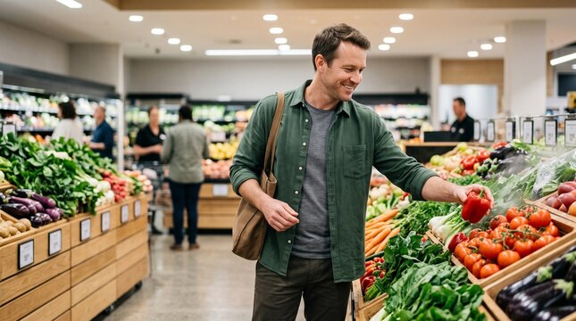 Happy man shopping for fresh produce in supermarket aisle choosing healthy organic vegetables