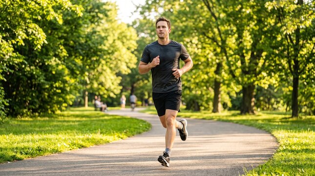 Athletic man jogging in sunny park for outdoor fitness training and healthy lifestyle wellness campaign