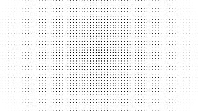 Abstract monochrome background, with a radial, gradient of small, black square dots, arranged in a, repeating grid pattern, on white base