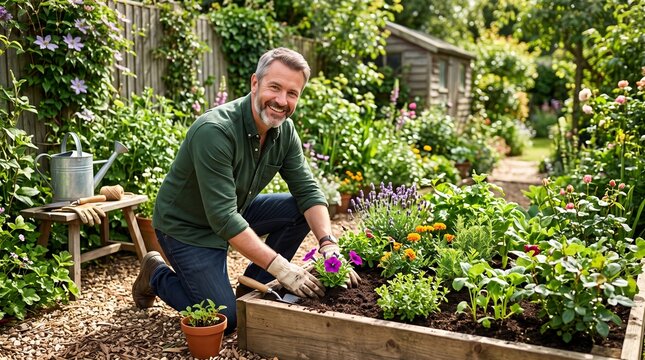 Happy middle-aged man planting flowers in raised garden bed for backyard home leisure and wellness lifestyle